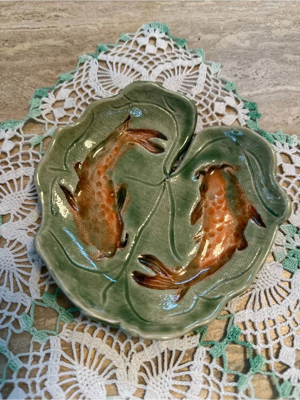 Handcrafted Green Ceramic Koi Dish Trinket with Orange Fish Design